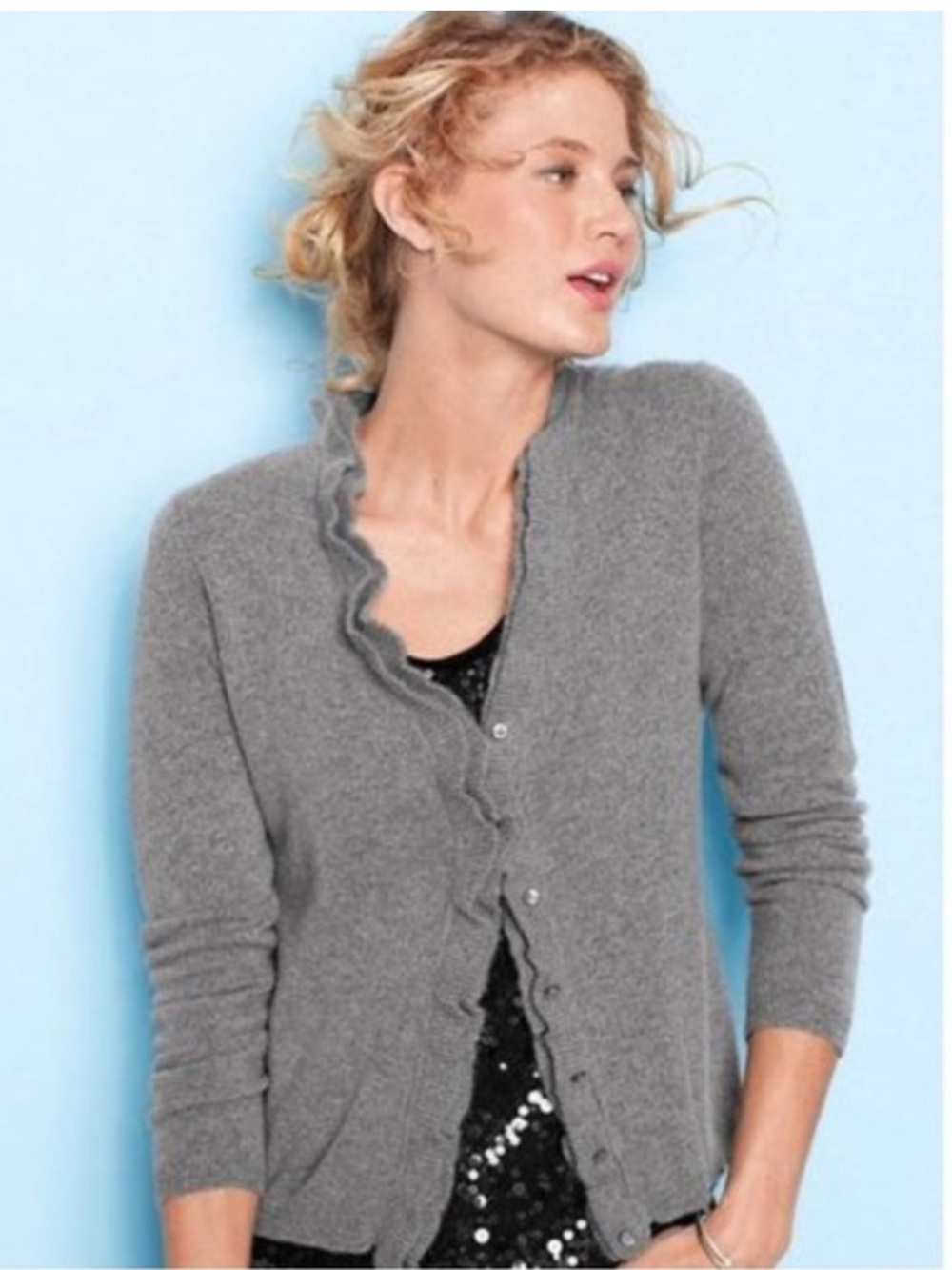 Garnet Hill 100% Cashmere Ruffle Edge Cardigan V-Neck Gray sweater XS